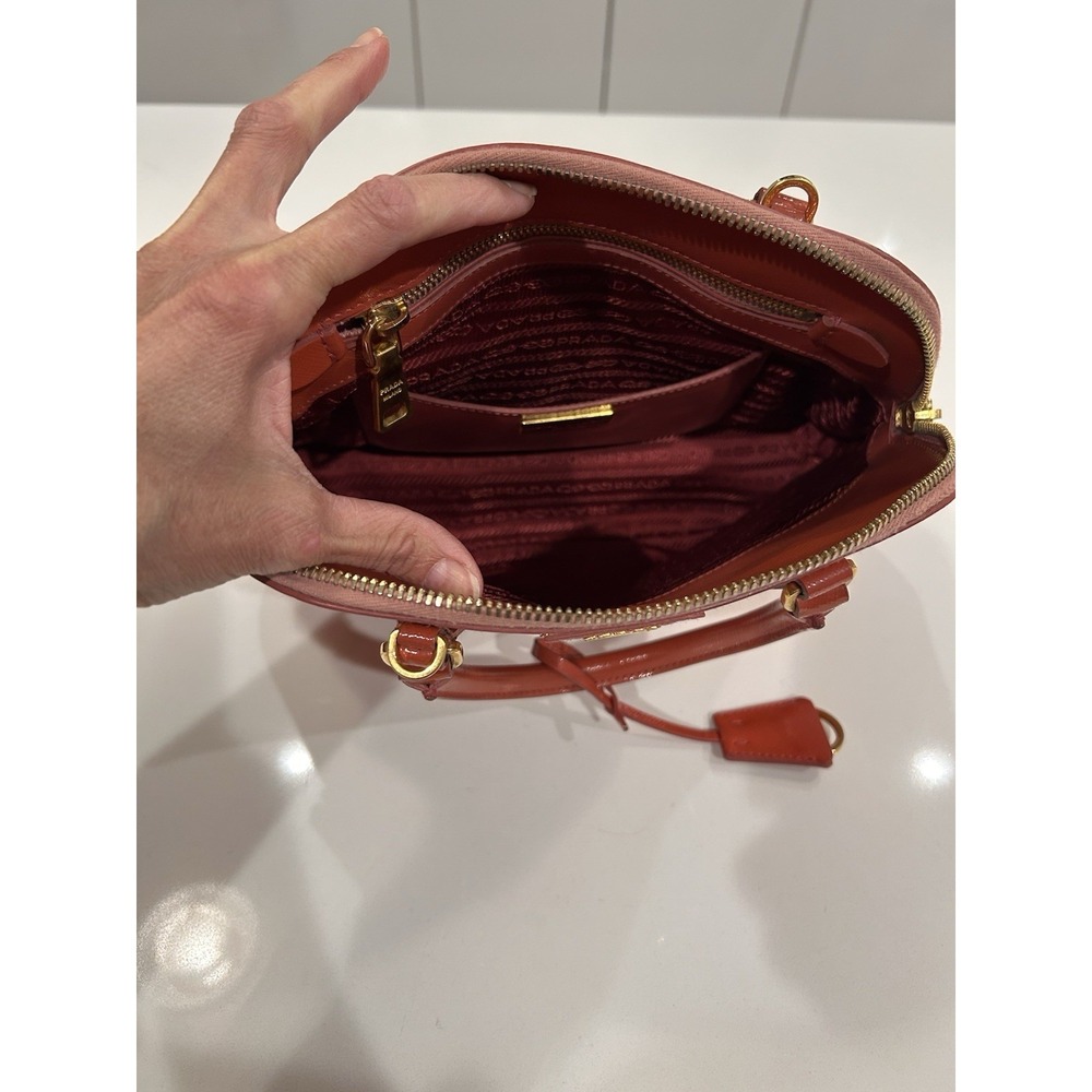 Prada Saffiano Vernice Promenade Patent Leather Orange Hand Bag Purse Top Handle - Picture 10 of 16